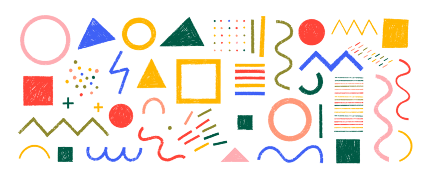 用蜡笔绘制的时髦几何形状与涂鸦线条。以彩色铅笔或粉笔画出的质朴瑞士设计美学风格。包含基本几何形状、圆点、有趣图案、原始形态与图形。