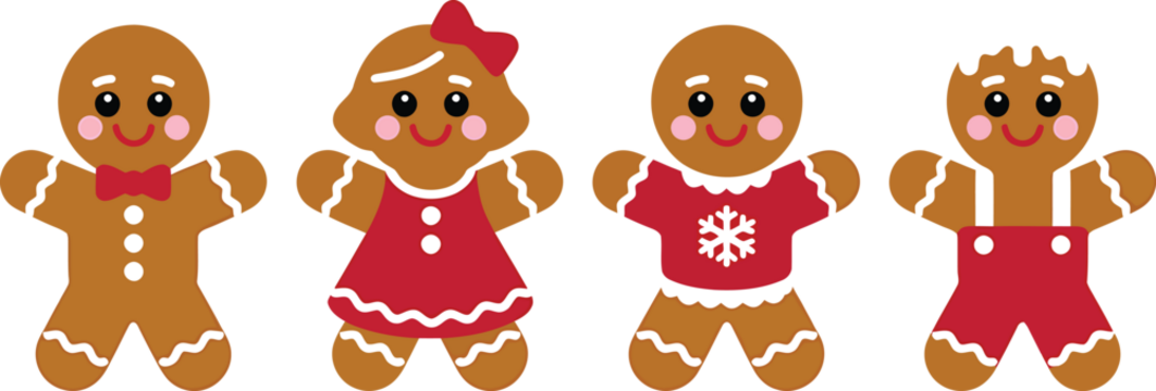 四个造型独特的姜饼人面带红润的脸颊，露出可爱的笑容站着