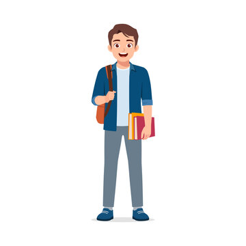 开心的亚洲学生拿着书和包，穿着休闲装微笑站立