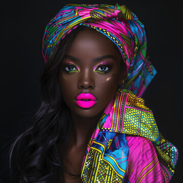 一位妆容惊艳的美丽女孩，采用柔和的霓虹色调，其造型融合了优雅与现代未来主义风格。