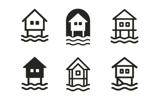 浮动社区标志。浮动社区。浮动社区的标志集：抗洪高脚屋。图标集。和谐的标志变体