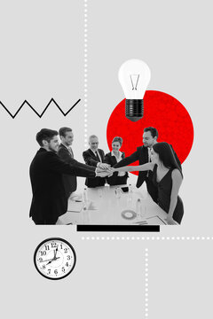 3D拼贴海报趋势草图：围绕合作策略与商业营销，展现年轻男女击掌、成功团队头脑风暴的场景，并融入灯具元素