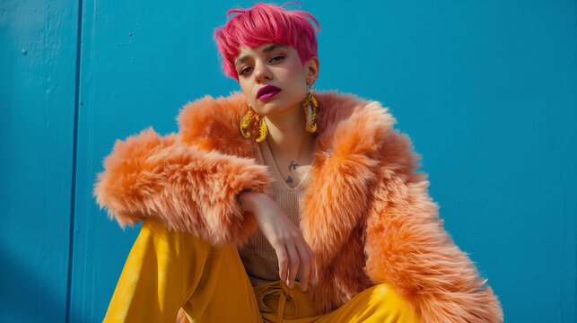 翻译：一位穿着皮草外套的女孩，展现出她简约又自然的个人风格。