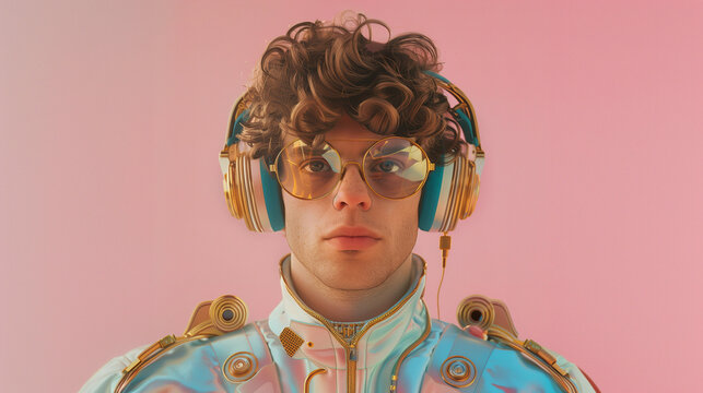 A retro-futuristic man wearing headphones and stylish glasses, exuding a blend of vintage charm and futuristic technology.