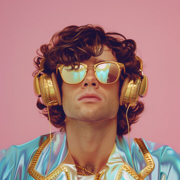 一位复古未来主义风格的男子戴着耳机和时尚眼镜，散发着复古魅力与未来科技相融合的气息。