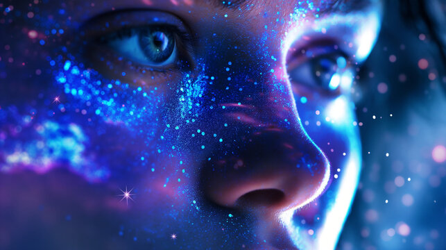 一位脸上布满独特闪耀蓝色闪粉的美丽女孩，散发着自信与时尚气息。