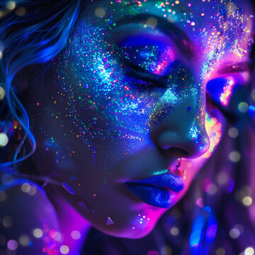 一位美丽的女孩，满脸独特的、闪闪发光的蓝色亮片，散发着自信与时尚气息。