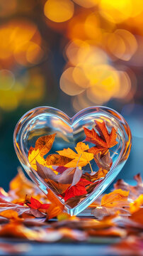 一颗装有黄叶的玻璃心，柔和地发光，将秋天的精髓尽收其中。