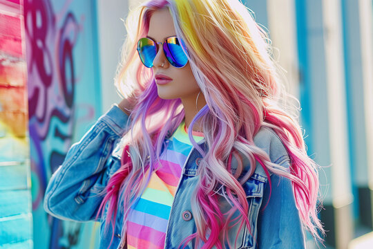 一位女孩走在街道上，被都市氛围环绕。