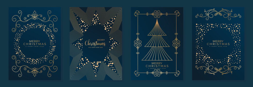 Vintage luxury gold christmas frame card set on dark teal background for invitation and commercial design