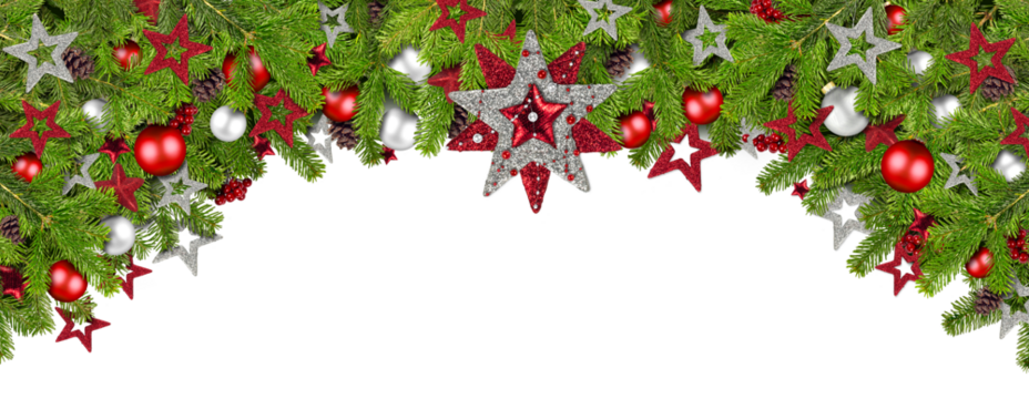 色彩缤纷、充满节日氛围的圣诞节边框，带有松枝和红色银色圣诞装饰，全景格式