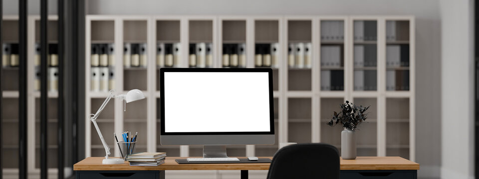 带电脑的简约混凝土办公桌 3D 效果图