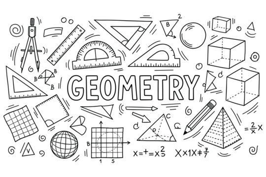 几何工具与图形：直尺、圆规、量角器、三角形、网格