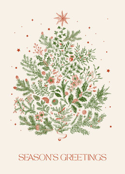 圣诞树。节日问候。复古圣诞植物贺卡。红绿色调