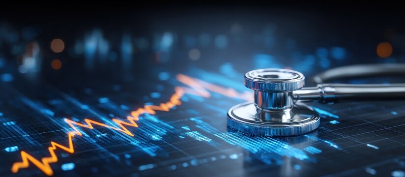 听诊器置于代表医疗保健和金融的数字背景上。
