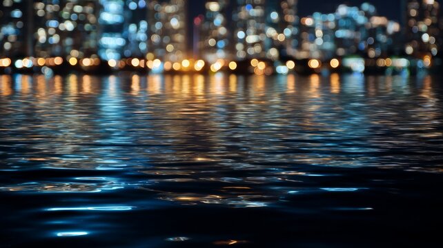 动态散景灯光倒映在波光粼粼的水面上，营造出夜晚充满活力的城市景观。在城市天际线下，清冷的蓝色与温暖的橙色相互交融。抽象却又极具吸引力。由神经网络人工智能生成