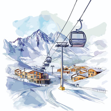 安第斯山脉滑雪场。安第斯山脉滑雪场手绘水彩插画