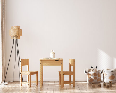 儿童游戏室空白墙面模型，简约内饰搭配天然木制书桌和椅子，3D渲染图