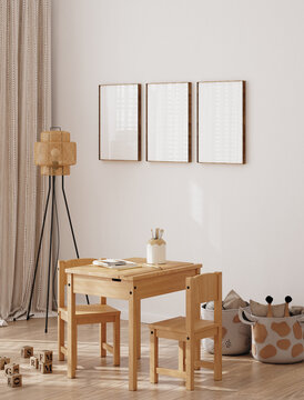 儿童游戏室中的框架模型，简约内饰，配有天然木制书桌和椅子，3D渲染