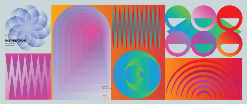 Abstract gradient geometric poster vector set with circles, waves, layered arches and optical shapes. Designed for modern posters, backgrounds, web banners, product packaging and digital design.