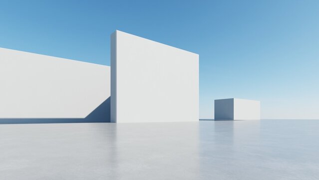 抽象现代建筑背景的3D插画，极简几何建筑设计，带空旷混凝土地面的汽车展示背景，几何白色块建筑设计