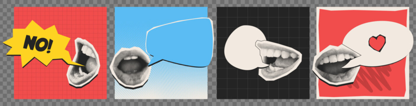 彩色背景上孤立的半色调嘴巴对话气泡套装：女性嘴唇微笑、说话、传递信息的当代矢量插画，含复古八卦拼贴元素与秘密讨论主题