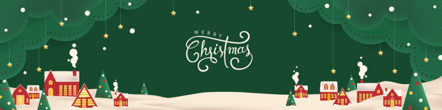 绿色圣诞快乐、新年快乐贺卡横幅，采用纸艺风格，带有冬日雪景、红色村庄和森林场景，用于节日庆祝和营造节日氛围的背景