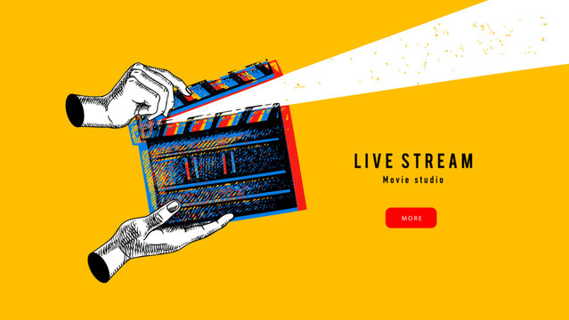 Trendy collage of sketch hands and clapper. Retro cinema, live stream, filmmaking, video, media, film studio, streaming service, production concept. Hand drawn vector illustration.
