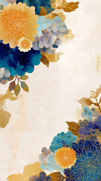 为新年增添光彩的华丽和风图案设计背景、和风边框、传统图案、金色装饰、笔触、水彩质感、年贺、正月、竖构图素材