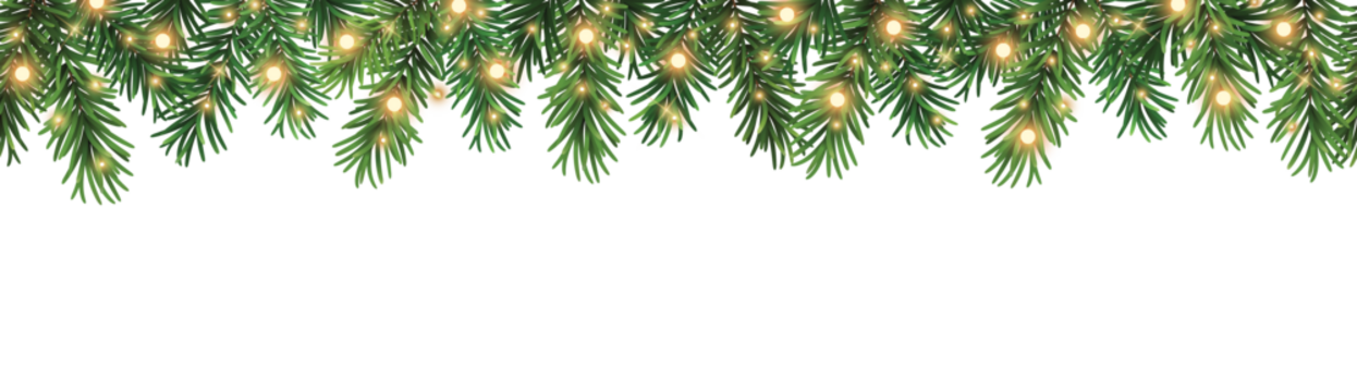 透明背景上带有针叶树枝和圣诞灯花环的无缝装饰性矢量圣诞边框