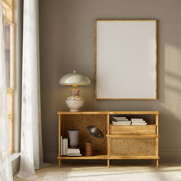 中性美学客厅内饰，藤制橱柜上方有海报框架模型，柔和的日光阴影构图。3D 插画