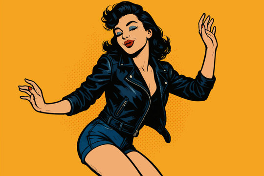 Pop art illustration of a joyful woman dancing in a leather jacket and shorts, set against a bold orange background. Generative ai vector colorful pop art illustration.