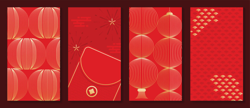 Red Chinese New Year 2026 poster vector set with golden lanterns, firework sparkles and geometric patterns for festive greeting cards, banners and luxury print decoration