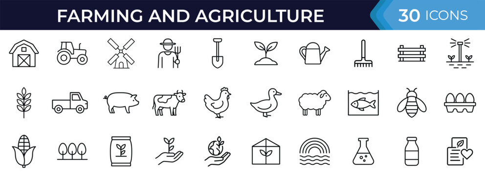 农业图标集。拖拉机、谷仓、牲畜、作物种植、有机农产品、温室、灌溉及可持续农场的矢量象形黑色轮廓插画