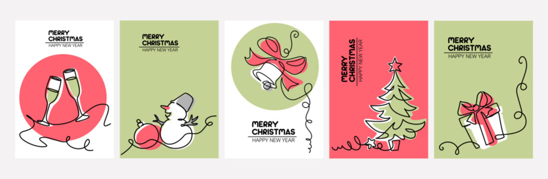 新年贺卡套装，圣诞快乐与冬季主题，现代极简艺术