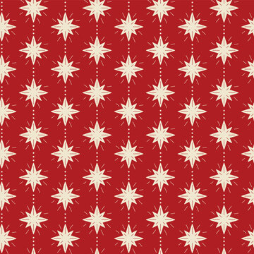 红色复古圣诞星星无缝图案。手绘繁星点点的冬季假日明亮重复背景、壁纸、纺织品设计、印刷品、礼品纸。几何矢量插画
