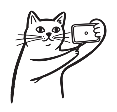 一只微笑的猫咪用智能手机自拍，幽默风格的黑色轮廓画。