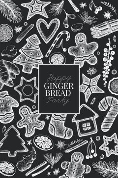 姜饼复古手绘矢量设计模板。非人工智能生成。黑板风复古圣诞糕点雕刻老式插画