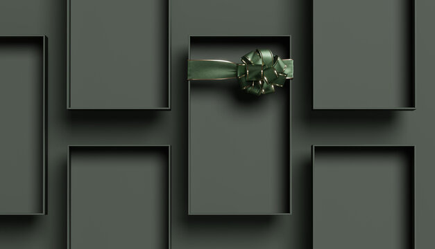 用于化妆品展示的3D背景礼盒展示。配有金色丝带。绿色展示平面布局。圣诞或生日礼物 品牌横幅。3D渲染，购物模型。