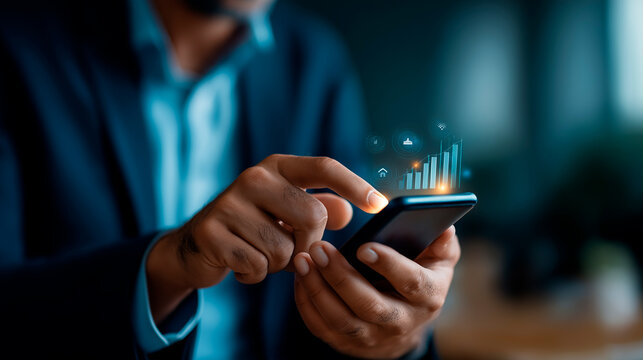 无脸商人使用带有网络连接数据图标、增长图表的移动智能手机进行客户数字营销分析、银行支付在线分析规划