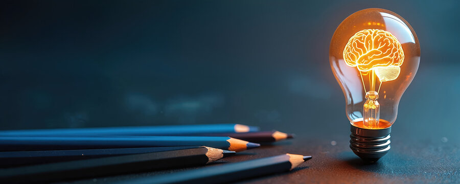 带有大脑符号的发光灯泡插画，旁边配有铅笔，涉及学习想法、教育知识概念、创意商业概念、学习头脑风暴与创新想法及教育科技等主题