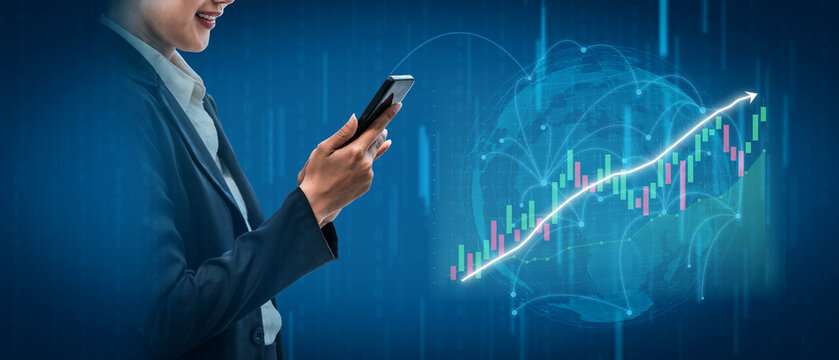 一位商务人士与智能手机互动，周围环绕着展示市场趋势和增长预测的数字金融图表，象征着现代分析。