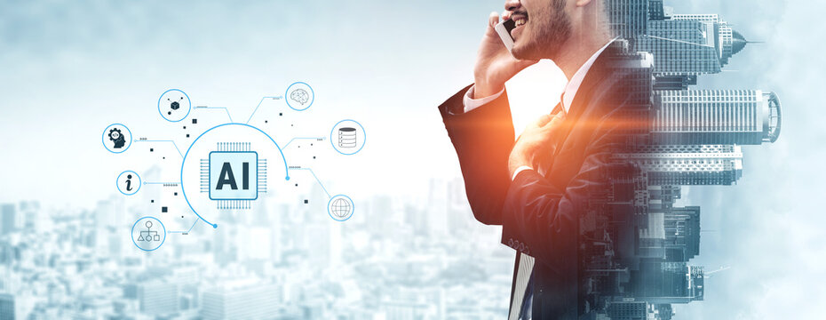 人工智能（AI）作为核心技术。一个为数据分析、机器学习和全球网络提供支持的人工智能生态系统概念。主题