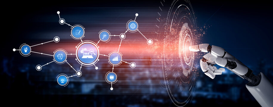 一只机械手伸出来与数字数据元素互动，象征着现代城市景观中技术与人类互动的交汇。