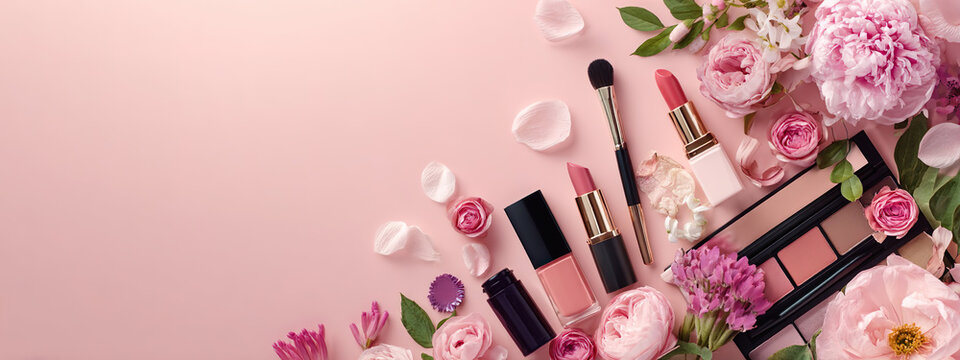翻译标题：美容产品、化妆刷、化妆品花（牡丹）、留白空间、俯视图、女性化留白空间