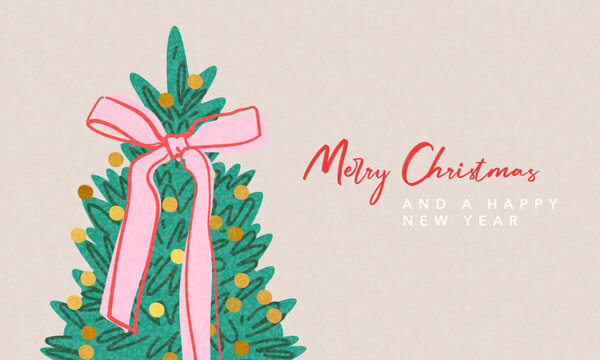 圣诞假期横幅、卡片、海报、封面、背景。现代明亮的圣诞设计，含手绘美丽圣诞树、大蝴蝶结与金色彩屑，适用于节日问候、促销、印刷、广告