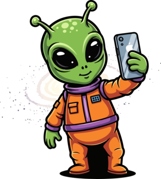 友好的外星宇航员用智能手机拍了一张太空自拍照