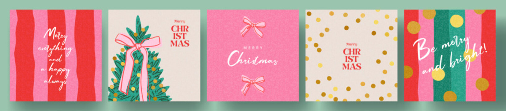 Christmas Holiday banner, card, poster, cover, background set. Modern bright Xmas design with hand drawn elements, striped, christmas tree, bows, golden confetti for season greetings, sale, print, ads