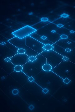 数字流程图与网络数据图：黑暗背景上抽象的蓝色霓虹光连接着方块与圆圈