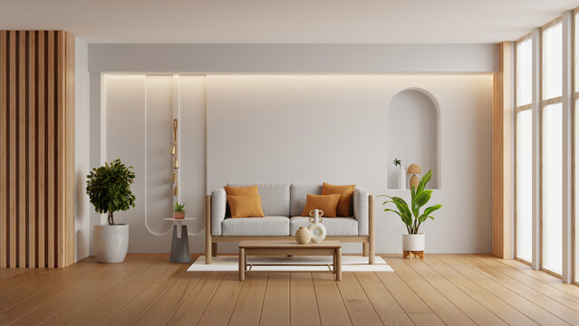 温馨现代的客厅内饰，配有柔软的灰色沙发、木质咖啡桌和温暖的橙色靠垫 - 3D渲染